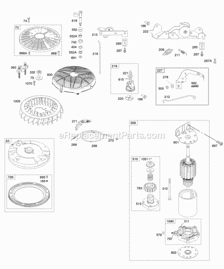 Controls Electric Start Flywheel Diagram and Parts List for 44K777-0025-G1  Briggs and Stratton Engine